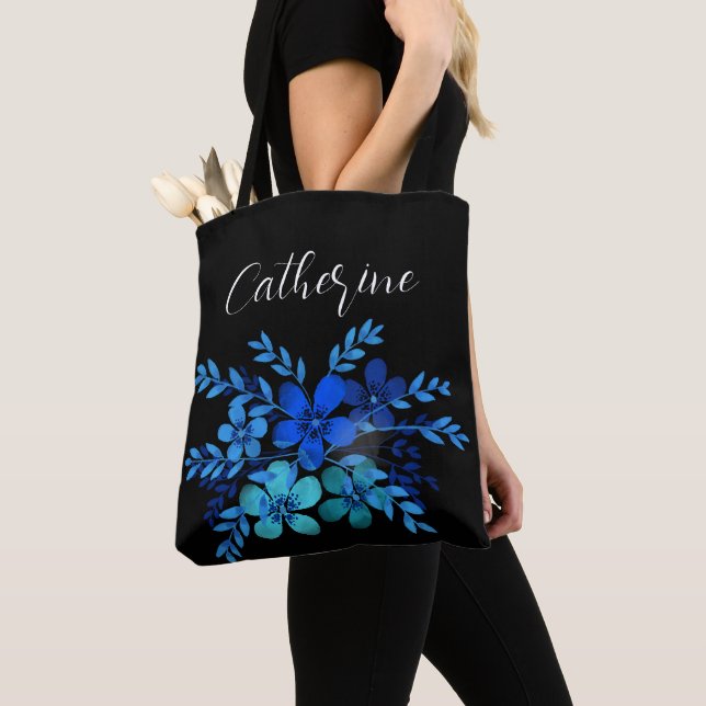 Blue wildflowers Boho Script Personalized Name Tote Bag (Close Up)