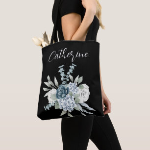 Blue wildflowers Boho Script Personalized Name Tote Bag