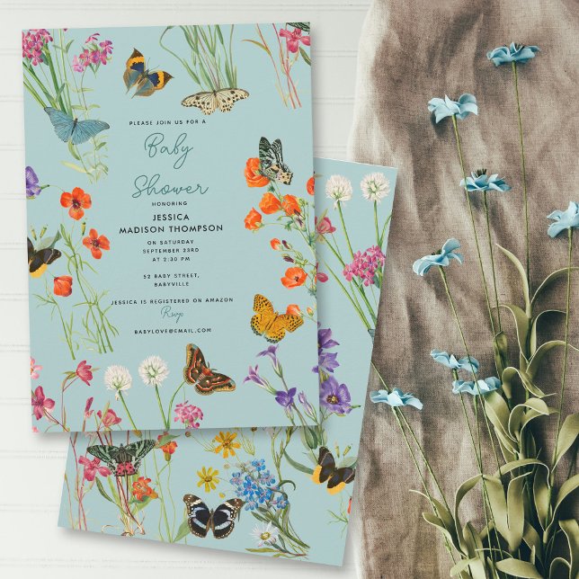 Blue Wildflowers Butterflies Baby Shower  Invitation (Blue Wildflowers Butterflies Baby Shower Invitation)
