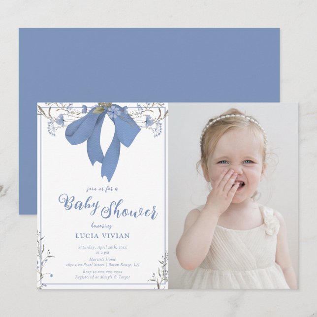 Blue Wildflowers Coquette Bow Photo Baby Shower Invitation (Front/Back)