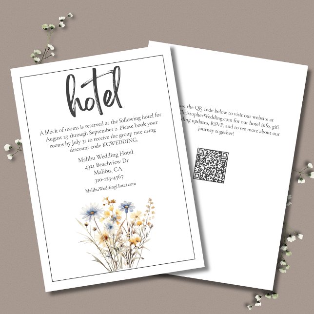 Blue Wildflowers Elegant Formal Wedding Hotel Enclosure Card (Blue Wildflowers Formal Elegant Wedding Hotel Enclosure Card with QR Code.)