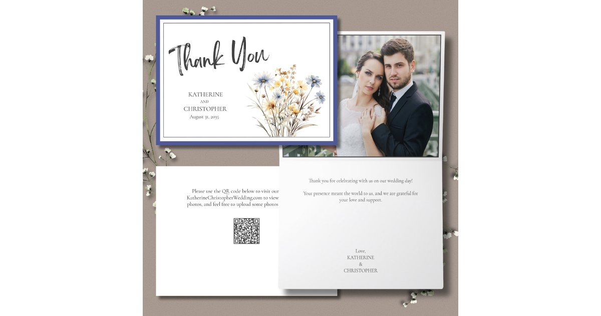 Blue Wildflowers Elegant Formal Wedding Photo Thank You Card | Zazzle