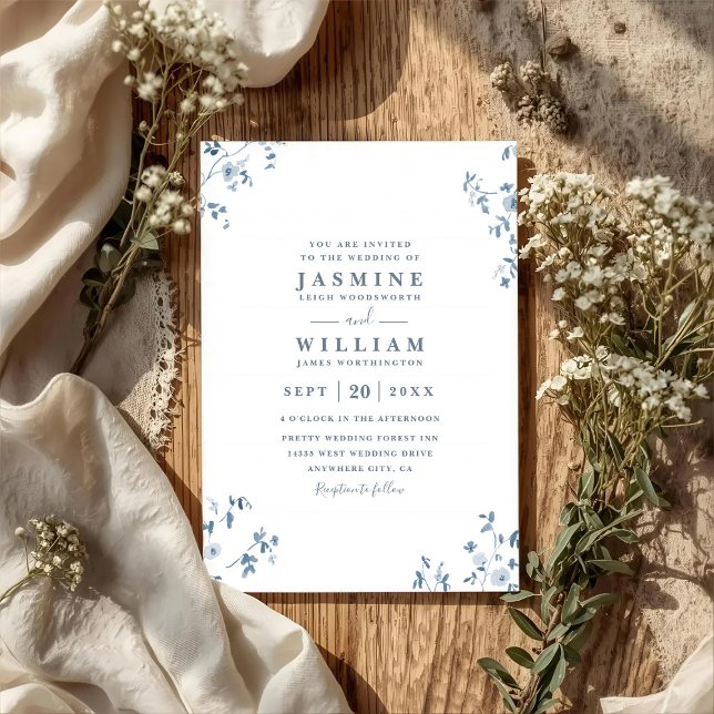 Blue Wildflowers Elegant Modern QR Code Wedding Invitation (Creator Uploaded)