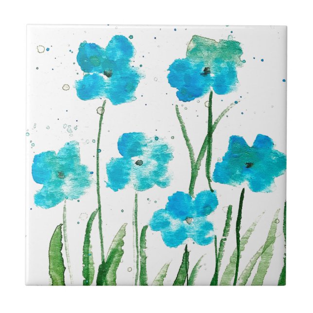 Blue Wildflowers Floral watercolor Kitchen Rustic Ceramic Tile (Front)
