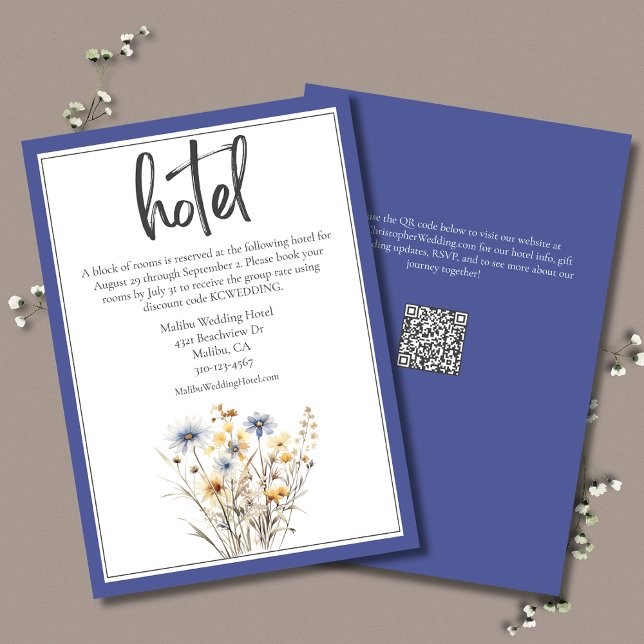 Blue Wildflowers Formal Elegant Wedding Hotel Enclosure Card (Blue Wildflowers Formal Elegant Wedding Hotel Enclosure Card with QR Code.)
