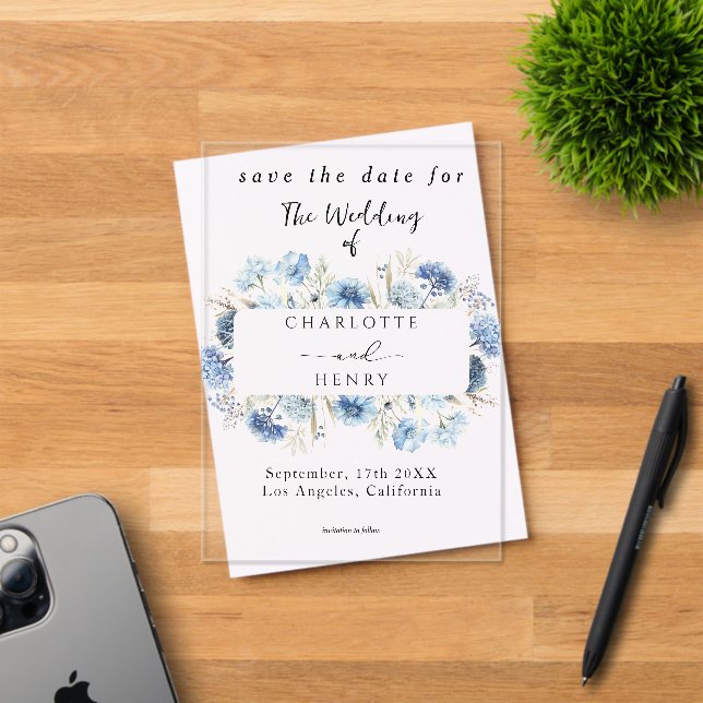  Blue Wildflowers Frame Elegant Save The Date Acrylic Invitations (Insitu (Invitation Card))
