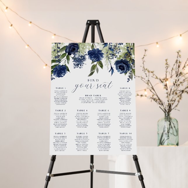 Blue Wildflowers Greenery Wedding Seating Chart Foam Board (In Situ (Stand))