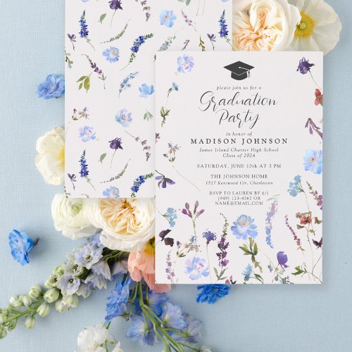 Blue Wildflowers High School Graduation Party Invitation