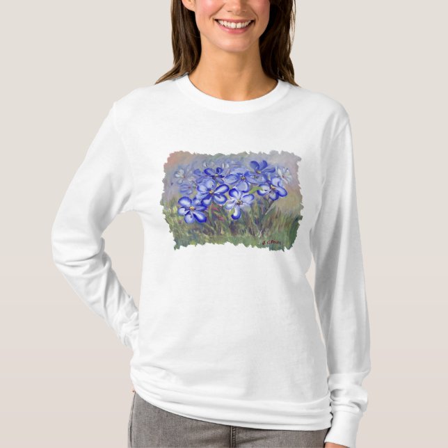 Blue Wildflowers in a Field Fine Art Painting T-Shirt (Front)