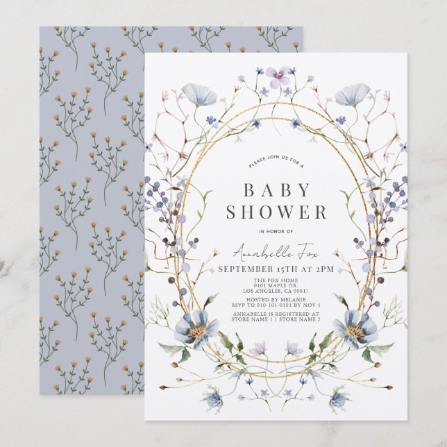 Blue Wildflowers Lavender Watercolor Baby Shower Invitation (Front/Back)