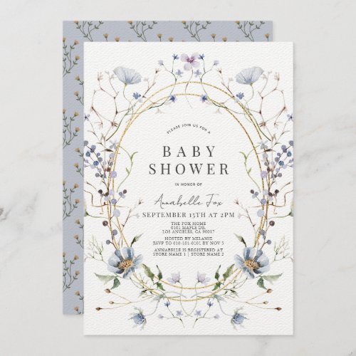 Blue Wildflowers Lavender Watercolor Baby Shower Invitation