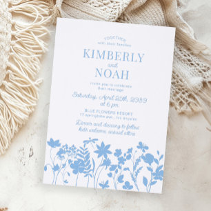Blue wildflowers minimalist floral wedding invite letterpress photo cards