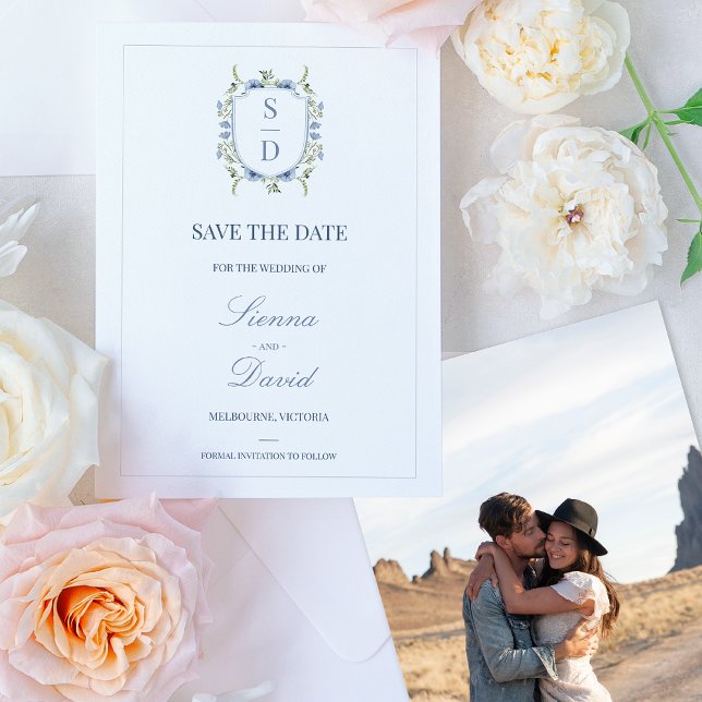 Blue Wildflowers Monogram Crest Save The Date Card (Blue Green Floral Monogram Crest Save The Date Wedding Dusty Blue Wildflowers Couples Photo Delicate)