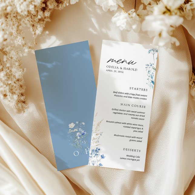 Blue Wildflowers Monogram Wedding Flat Menu (Creator Uploaded)