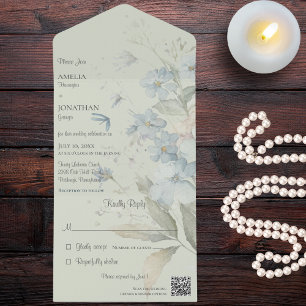Blue Wildflowers on Sage Green QR Code All In One Invitation