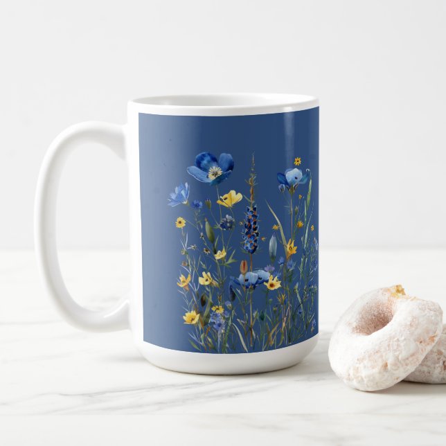 Blue Wildflowers Pattern on Classic Blue Coffee Mug (With Donut)