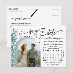 Blue Wildflowers Photo & Calendar Save the Date Announcement Postcard
