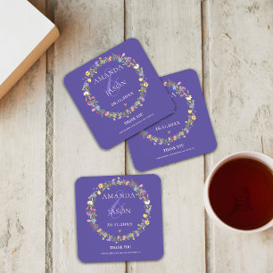 Blue Wildflowers Purple Yellow Floral Wedding Beverage Coaster