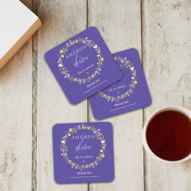 Blue Wildflowers Purple Yellow Floral Wedding  Beverage Coaster (Creator Uploaded)