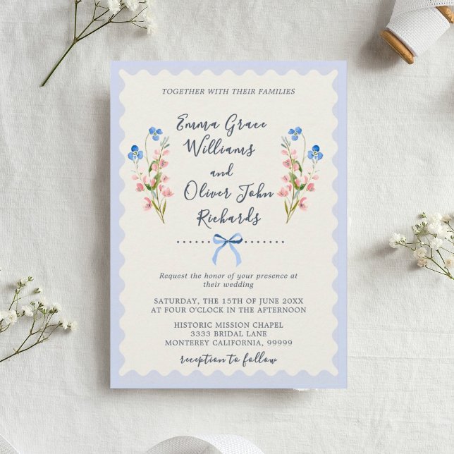 Blue Wildflowers Romantic Garden Wedding Invitation (Floral Romantic Garden Wedding Invitation.)