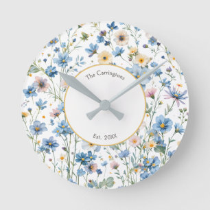 Blue Wildflowers Rustic Cottage Garden Floral Round Clock