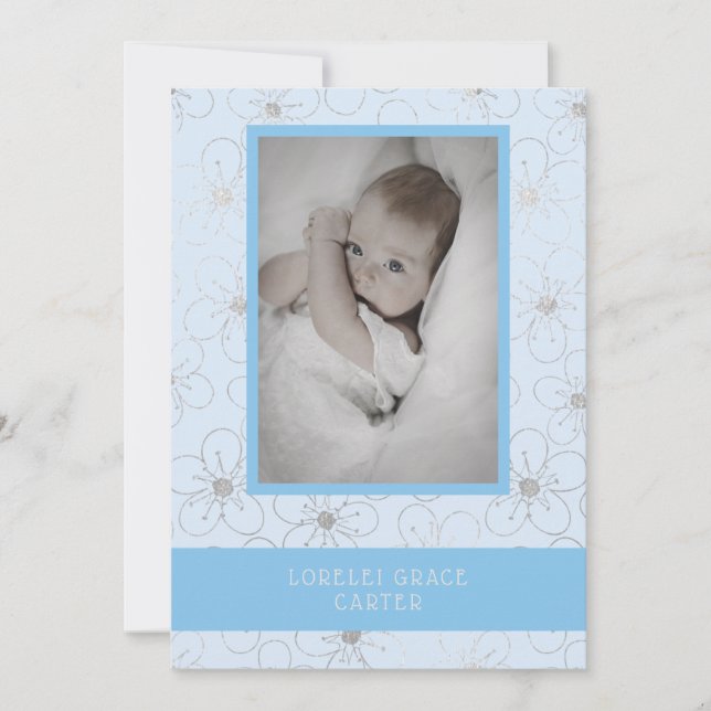 Blue Wildflowers Silver Photo Naming Ceremony Note Card (Front)