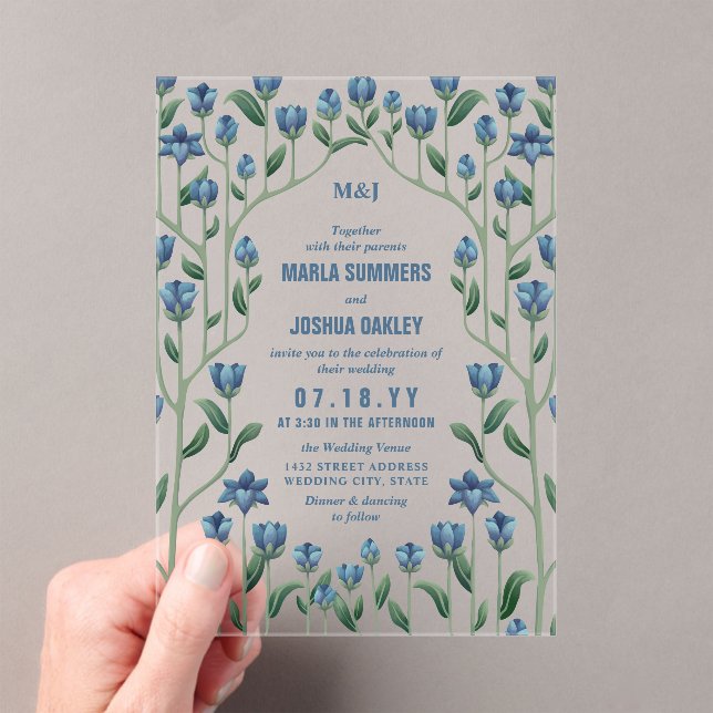 Blue Wildflowers Vintage Floral Frame Wedding Acrylic Invitations (Insitu (Handheld))