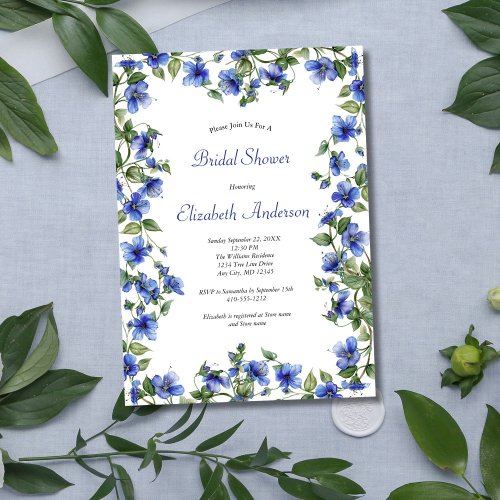 Blue Wildflowers Watercolor Elegant Bridal Shower Invitation