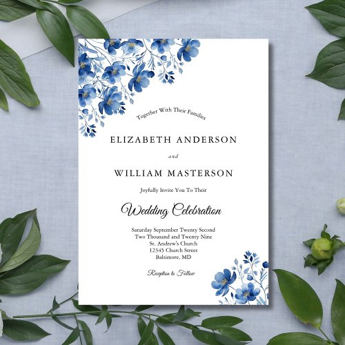 Blue Wildflowers Watercolor Elegant Modern Wedding Invitation