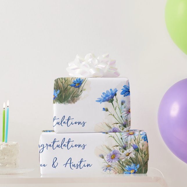 Blue Wildflowers Wedding/Shower Congratulations  Wrapping Paper (Party Gifts)