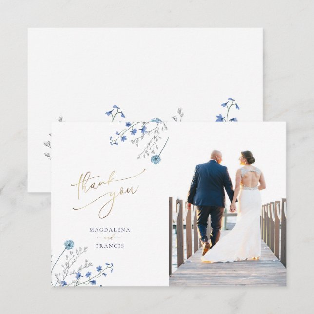 blue wildflowers wedding thank you card (Front/Back)