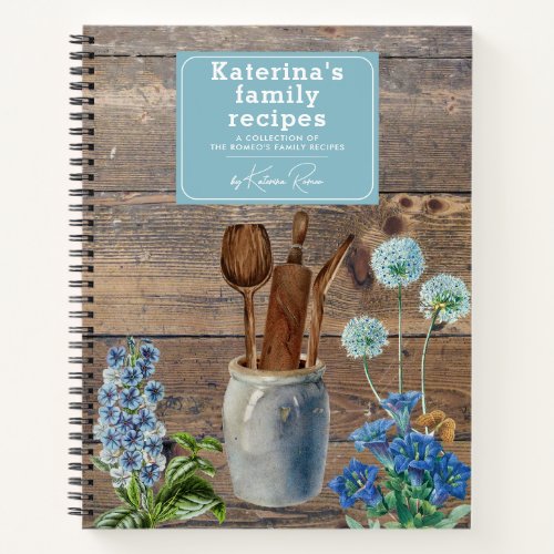Blue Wildflowers Wood Kitchen Utensils Recipe Notebook