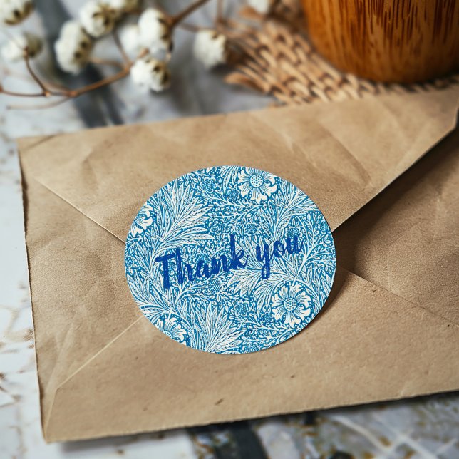 Blue William Morris pattern Thank you sticker (Blue William Morris floral thank you sticker with handwritten script.)