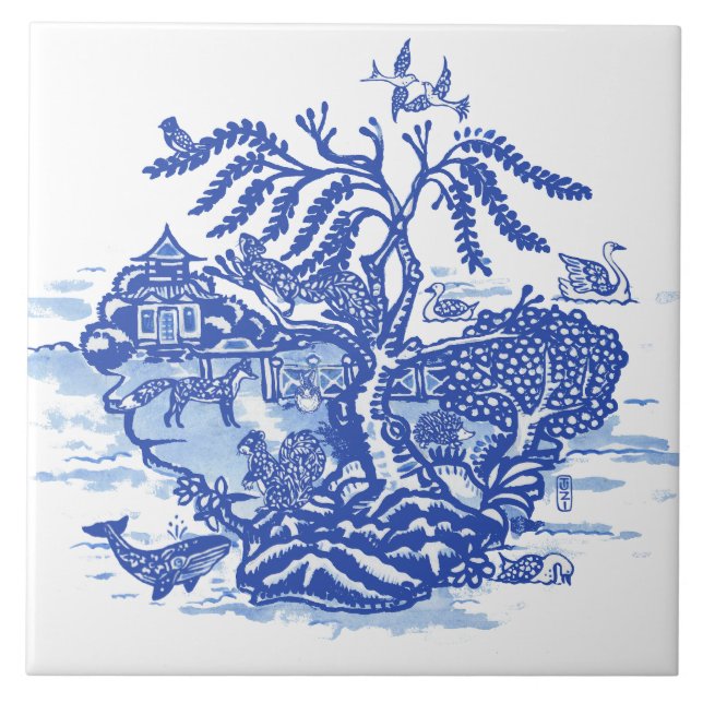Blue Willow Animal Pagoda Garden Scene Chinoiserie Ceramic Tile (Front)