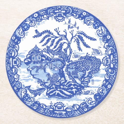 Blue Willow Animal Pagoda Garden Scene Chinoiserie Round Paper Coaster