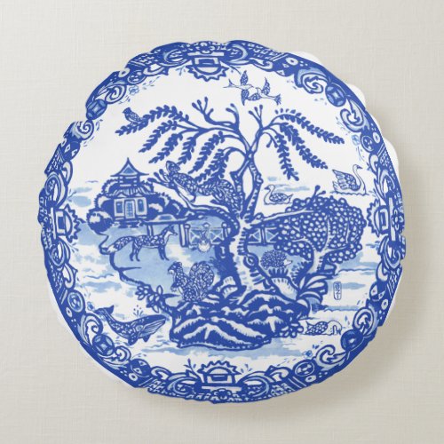 Blue Willow Animal Pagoda Garden Scene Chinoiserie Round Pillow