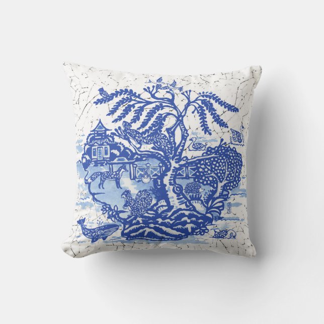 Blue Willow Animal Pagoda Garden Scene Chinoiserie Throw Pillow (Front)