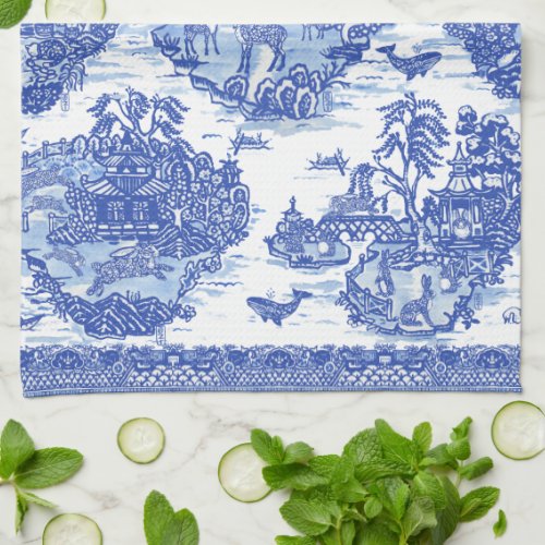 Blue Willow Animal Pagoda Vintage Oriental Toile Kitchen Towel