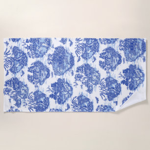 Blue Willow Animal Rabbit Deer Fox Bird Toile Art Beach Towel