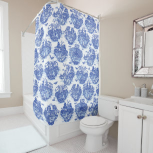 Blue Willow Animal Rabbit Deer Fox Bird Toile Art Shower Curtain