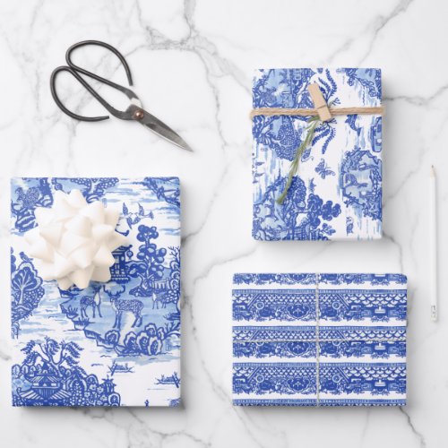 Blue Willow Animal Rabbit Deer Fox Bird Toile Art  Wrapping Paper Sheets