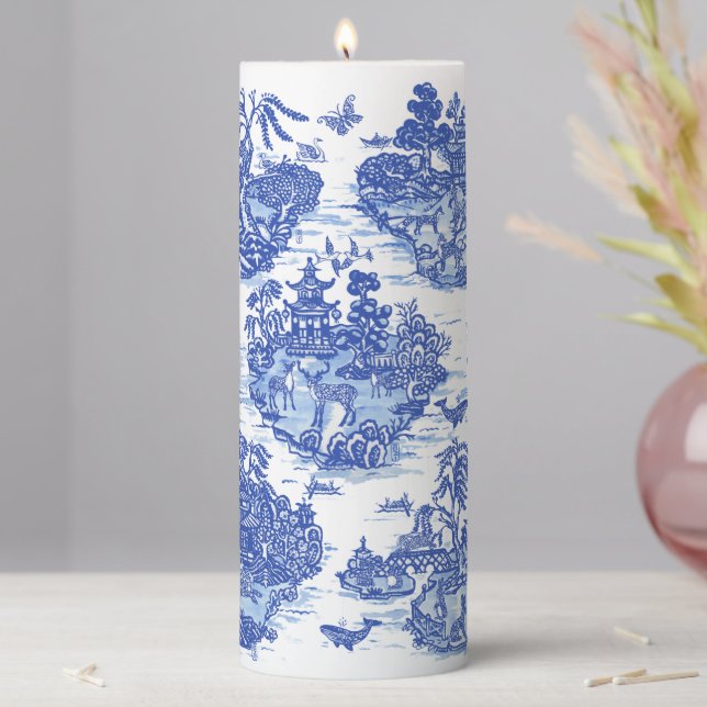 Blue Willow Animal Rabbit Deer Fox Bird Toile Pillar Candle (In Situ)