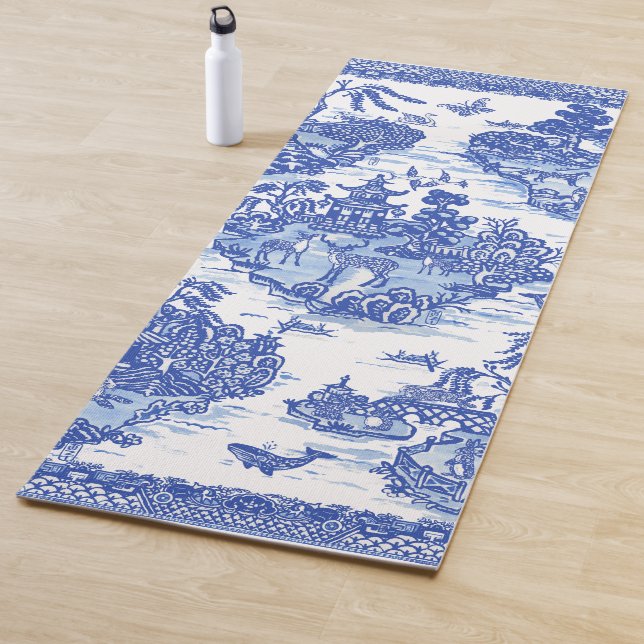 Blue Willow Animal Rabbit Deer Fox Bird Toile Yoga Mat (In Situ)