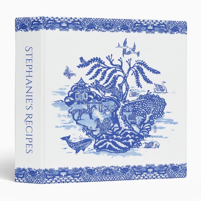 Blue Willow Border Animal Island Whimsical Design 3 Ring Binder (Front/Spine)