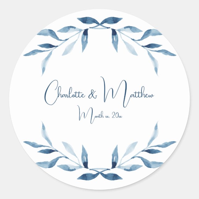 Blue Willow Branches, Watercolor Wedding Classic R Round Sticker (Front)