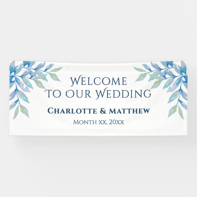 Blue Willow Branches, Watercolor Wedding Reception Banner (Horizontal)