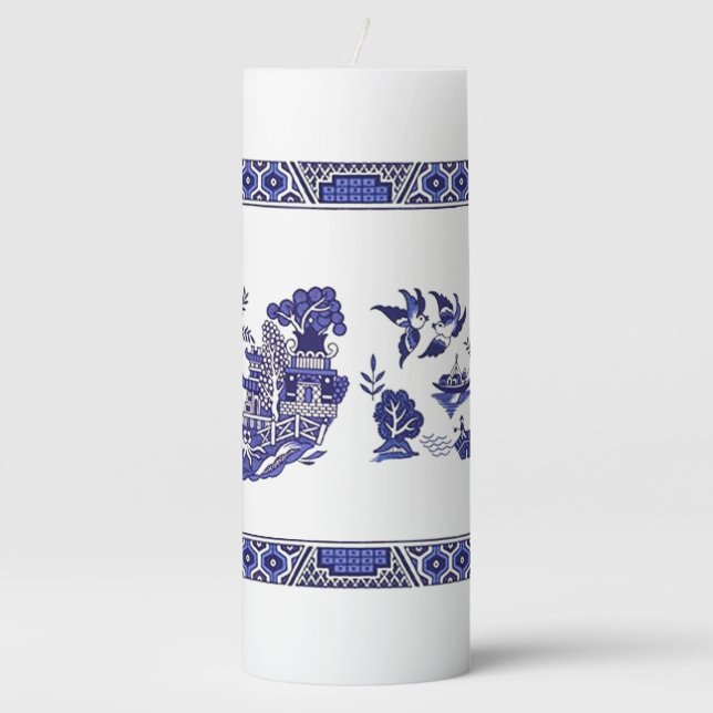 Blue Willow China Design Pillar Candle (Front)