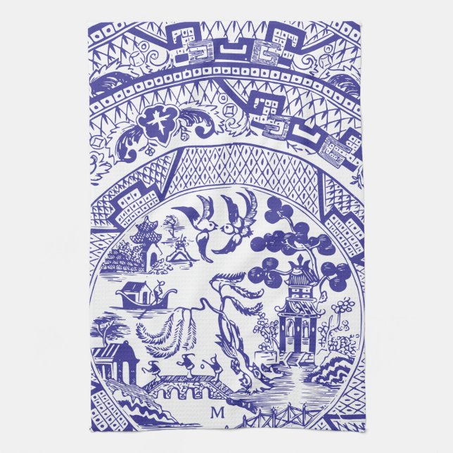 Blue Willow China Pattern Antique Vintage Monogram Kitchen Towel (Vertical)