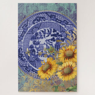 Blue Willow China Plate & Sunflowers Design Jigsaw Puzzle