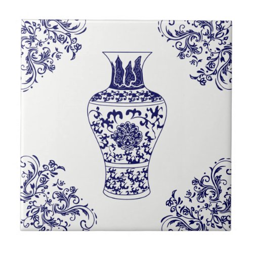 Blue Willow Chinoiserie White and Blue Ginger Jar  Ceramic Tile